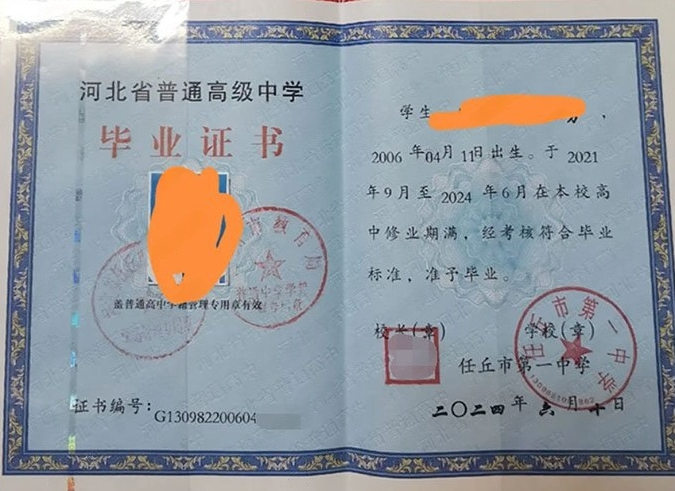 三山任丘市第一中学高中毕业证样本图片